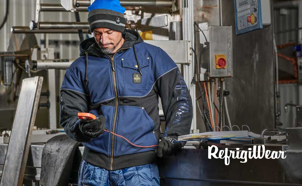 Woman wearing RefrigiWear's hybrid sweatshirt