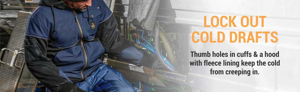 Lock out cold drafts. Thumb holes in cuffs and a hood with fleece lining keep the cold from creeping in.