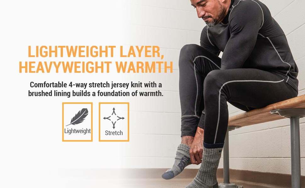 Not your grandpa's longjohns. Comfortable 40way stretch jersey knit with a brushed lining builds a foundation of warmth.